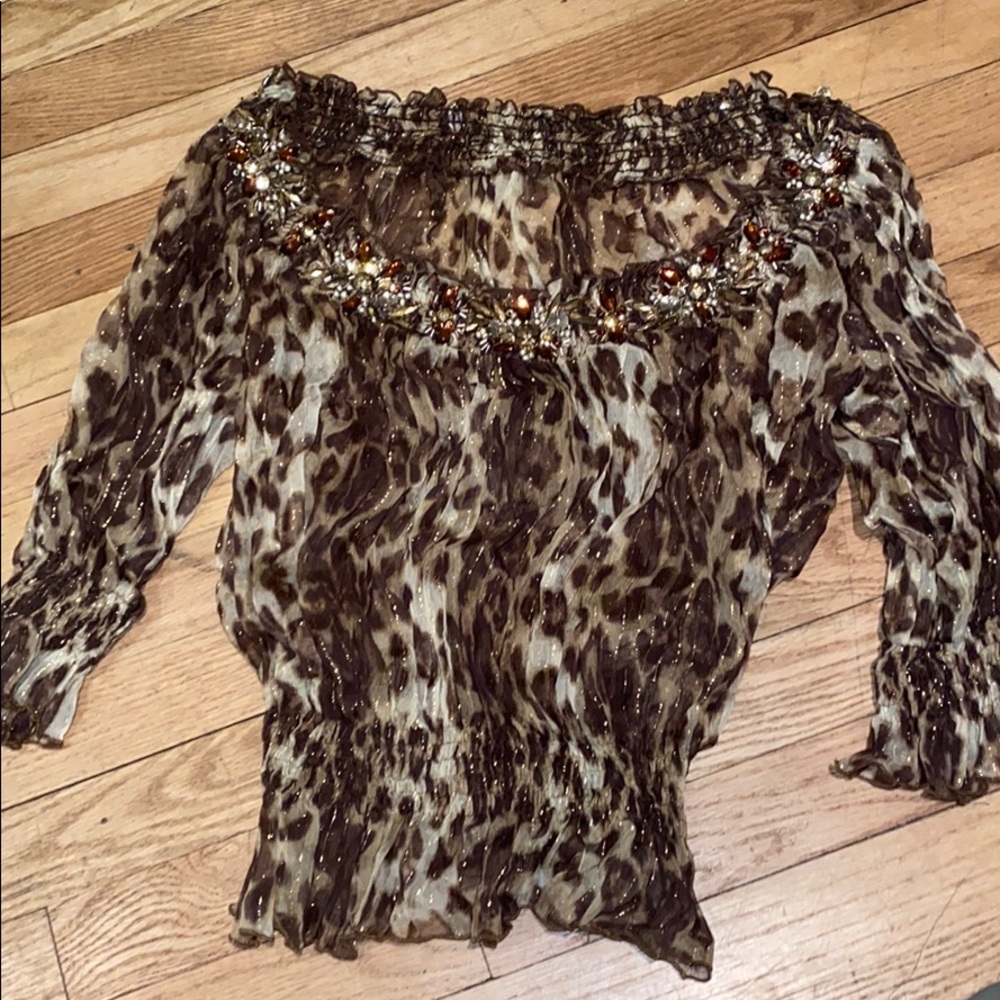 Silk chiffon metallic thread crinkle smock blouse